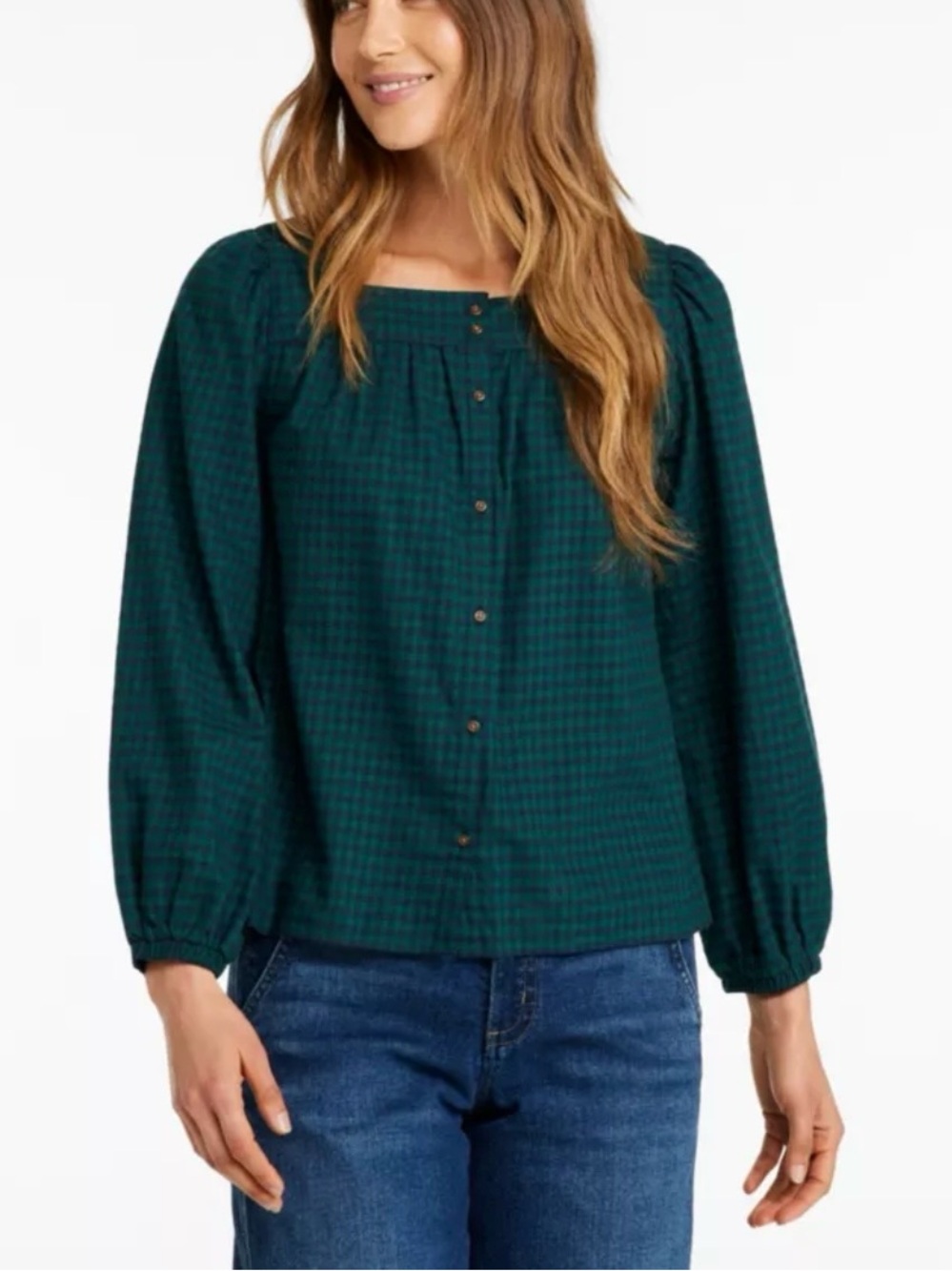 L.L. Bean 100% Cotton Green Plaid Whisperweight Squareneck Flannel Shirt Size XL